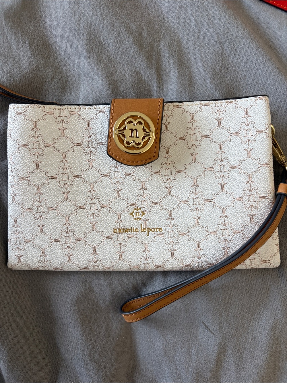 Nanette Lepore White & Tan Logo Wristlet Clutch